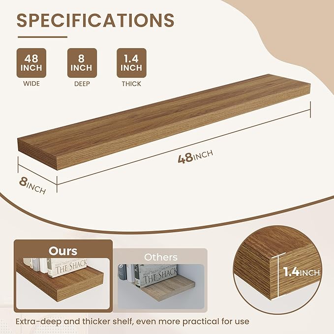 Dreamland 48 Inches Floating Shelves for Wall, 8" Deep Long Floating Shelves Set of 1, Large Display & Storage Shelf, Wall Sh