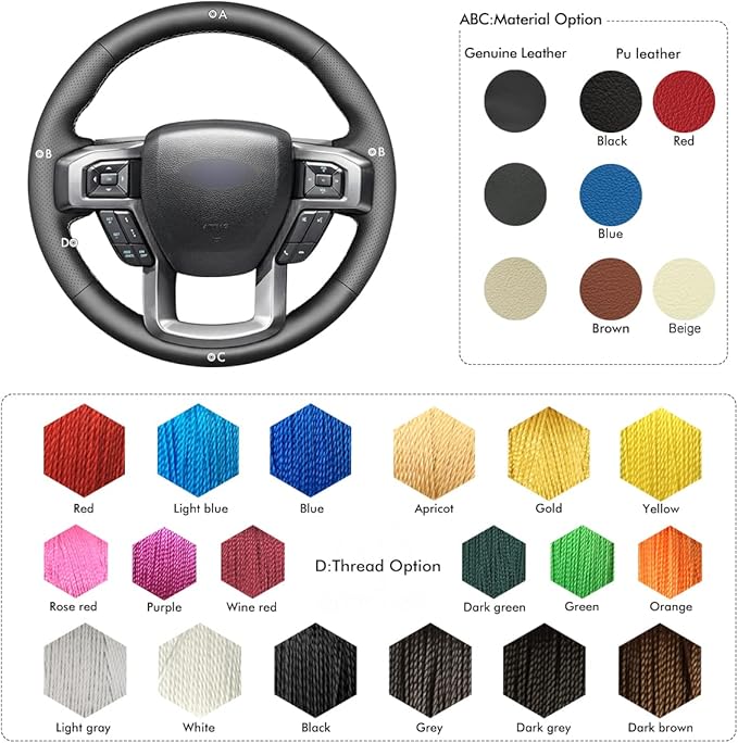 MEWANT DIY Hand Sew Black Genuine Leather Steering Wheel Cover for Ford F-150 F-250 F-350 F-450 F-550 F-600 F-650 F-750