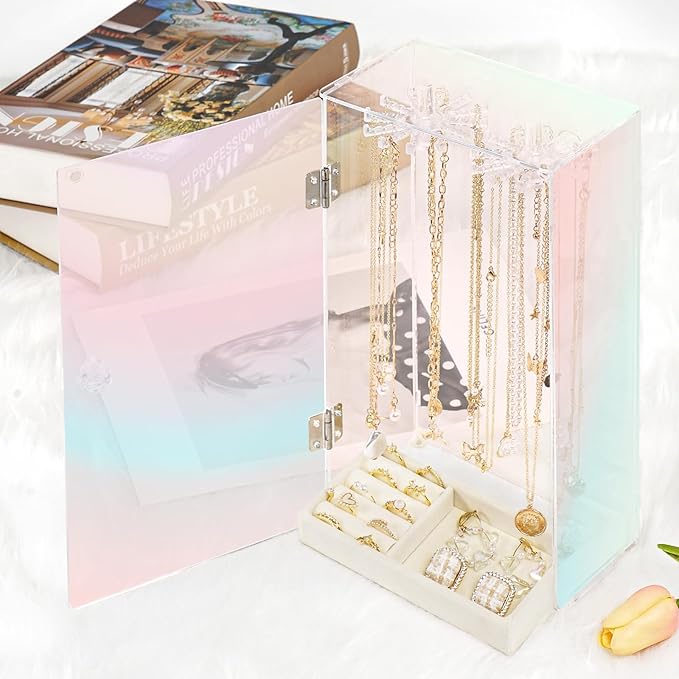 Cirhy Iridescent Acrylic Necklace Holder, Necklace Organizer with 24 Rotatable Hooks, Rainbow Jewelry Organizer Display Box w