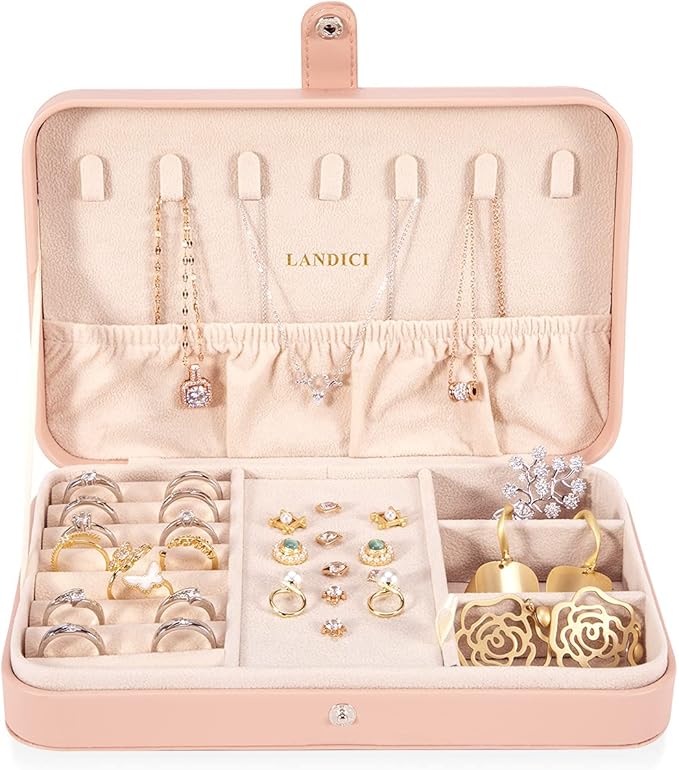 LANDICI Small Jewelry Box for Women Girls, PU Leather Travel Jewelry Case, Portable Jewelry Organizer Storage Holder Display 