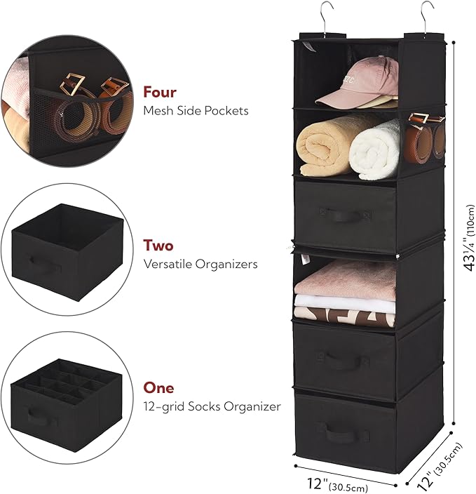 GRANNY SAYS 6-Shelf Hanging Closet Organizers and Storage, Separable to 2 Pack 3-Shelf Closet Hanging Organizer with 3 Drawer