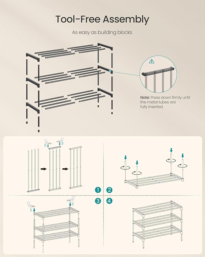 SONGMICS 3-Tier Shoe Rack for Closet, Compact Metal Shoe Organizer Shelf for Entryway, Bedroom, Small Spaces, Stackable, 11.8