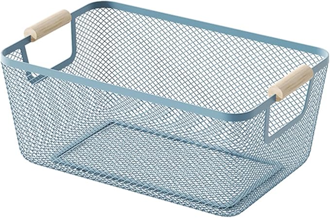 AJIODA Metal Mesh Steel Basket, Small Wire Storage Organizer Baskets Multi-function Hanging Kitchen Basket with Wood Handle f