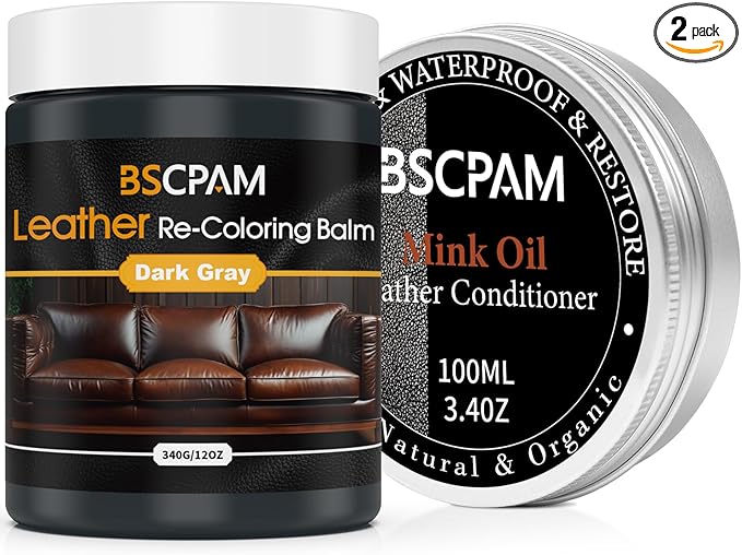 12oz Leather Recoloring Balm & 3.4oz Mink Oil Leather Conditioner kit,Dark Gray Leather Color Repair Kits for Couches, Leathe