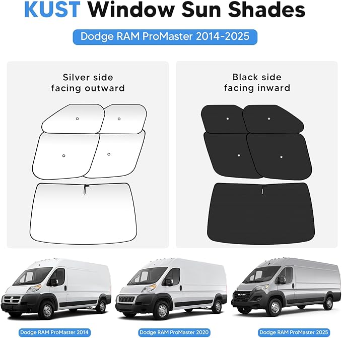 KUST 5-Pack Window Sun Shade for 2014-2025 Dodge RAM ProMaster 1500 2500 3500, Interior Accessories Cargo Van Sunshade Full Coverage Window Shades Silver & Black Shade, Sun Shield Blocks UV Rays Heat