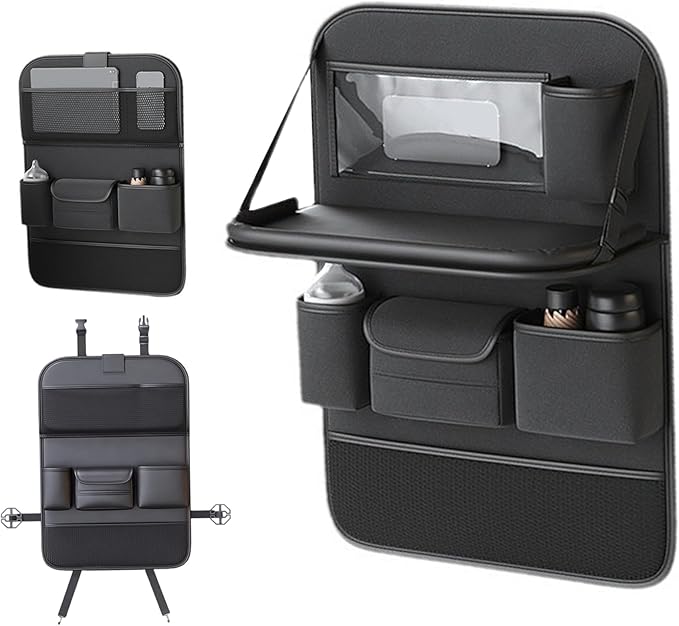 Car Backseat Organizer, Leather Car Storage Organizer with Foldable Table Tray, Tablet Holder, Seat Back Protectors Kick Mats Travel Accessories Back Seat Storage
