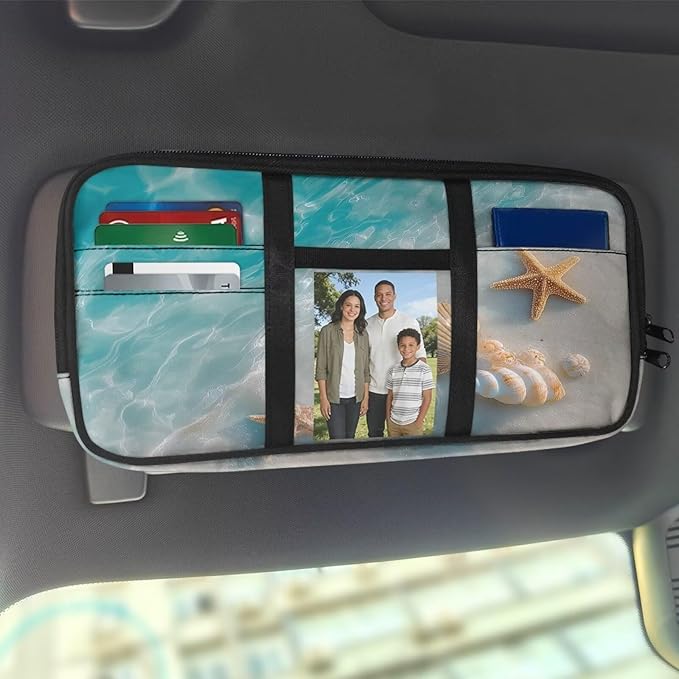 Beach Seashells Sun Visor Organizer for Trucks,Scratch-Resistant Car Accessories with Zipper Visor Storage Pouch Tactical Panel Universal Fit for SUV Pickup
