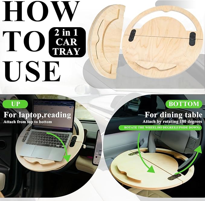 Outus 2 in 1 Car Steering Wheel Tray Steering Wheel Desk for Laptop Wooden Car Table Foldable for Eating Food Writing Work Multipurpose Travel Cars Accessories