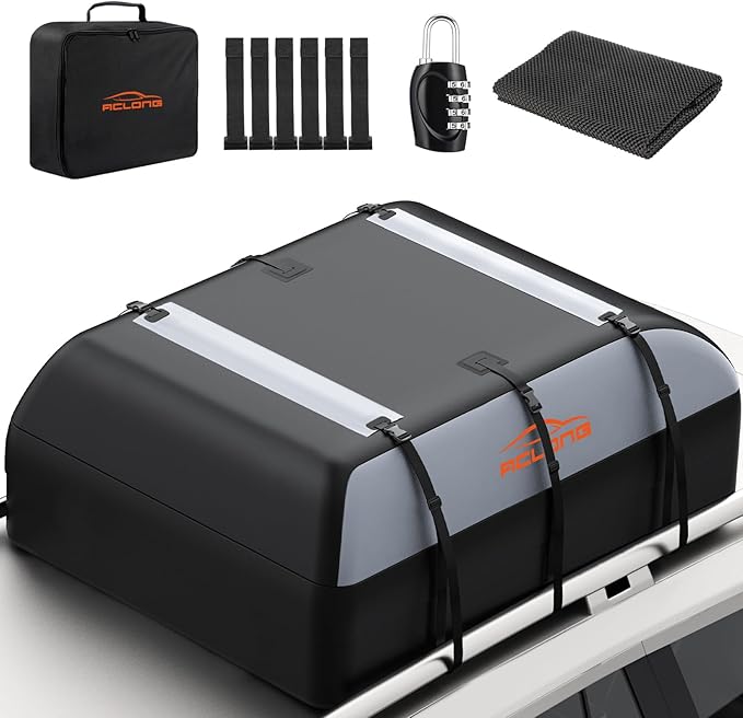 ACLONG 21 Cubic Feet Car Roof Bag 840D Waterproof Rooftop Cargo Carrier Bag for All Cars with/Without Racks Includes Anti-Slip Mat Storage Bag Combination Lock 6 Door Hooks
