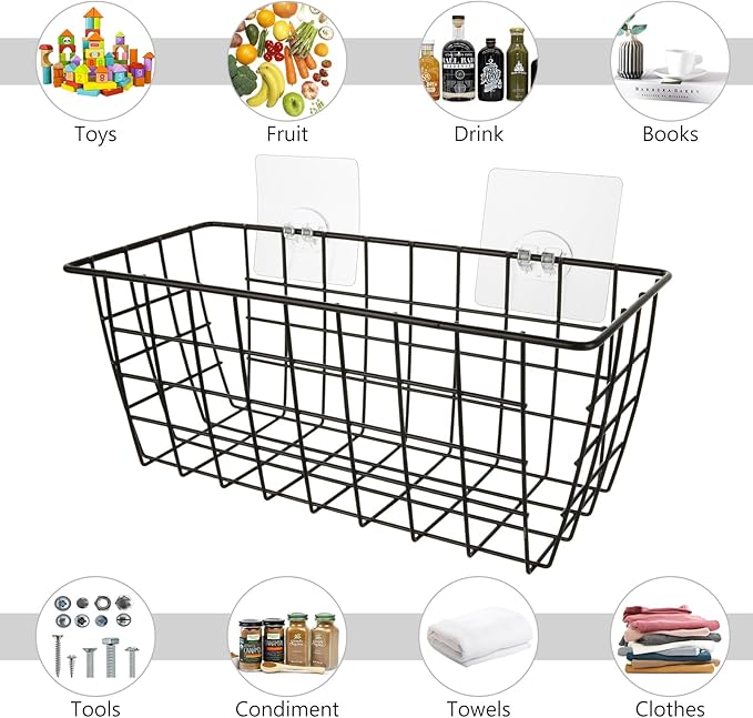 ABuff 6 Pack Metal Wire Storage Baskets Wall Mounted Hanging Wall Basket with Traceless Tape, Hanging Kitchen Organizer Baske
