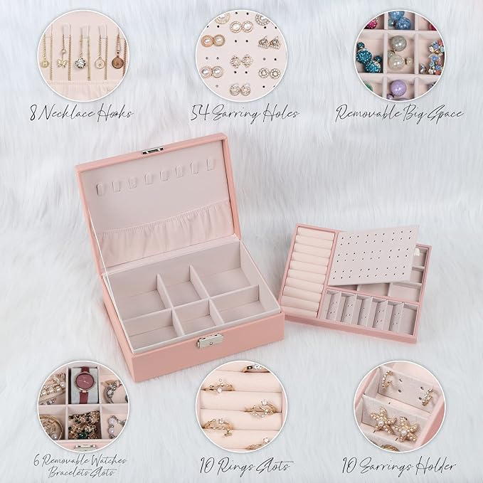 Jewelry Box for Women Girls, 2 Layers Jewelry Organizer Container with Lock, PU Leather Storage Case with Removable Tray, Jew