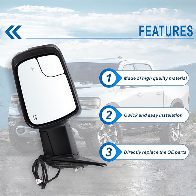 Left Driver Side Mirror Fits 2019-2026 Ram 1500 With Power Folding Heated Turn Signal Puddle Light Blind Spot Temperature Sensor Matte Black Replace#68462771AB(9+6Pins)