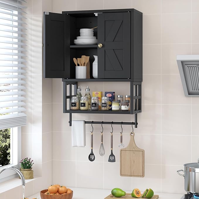 Farmhouse Medicine Cabinet - 3-Tier Wall Mounted Storage Organizer with Adjustable Shelves, Towel Bar, 5 Hooks for Small Bath