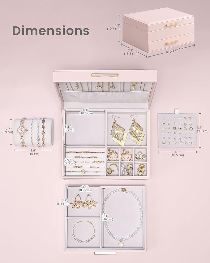 Lolalet 2-Layer Jewelry Box Organizer for Women Girls, Jewelry Storage Case Holder with Drawers for Necklaces Ring Earrings B