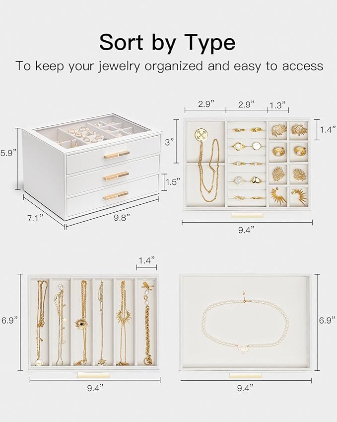 Vlando Jewelry Box for Women, Glass Lid Jewelry Organizer with 3 Drawers for Necklaces Rings Earrings Bracelets Christmas Gif
