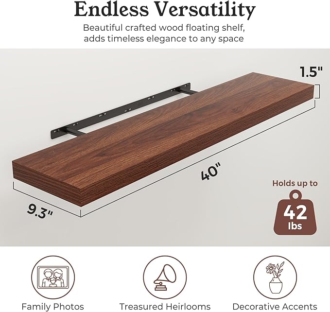 Floating Shelves for Wall, 9.3" Deep Wall Mounted Wood Shelves for Bathroom, Bedroom, Living Room, Kitchen, Hanging Shelf for