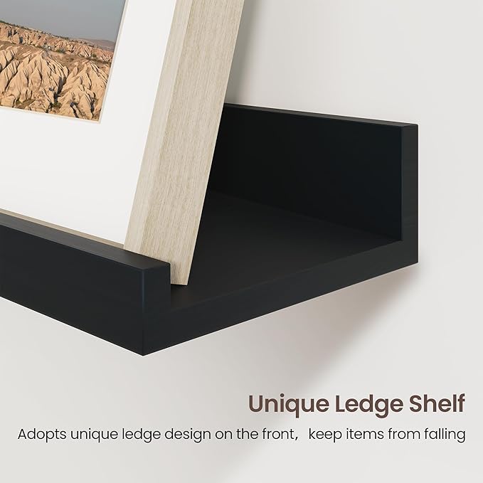 Axeman 48 Inch Floating Shelves | Black Picture Ledge Shelf Set of 3 | Rustic Wood Wall Shelves with Lip | 48" Black Picture 