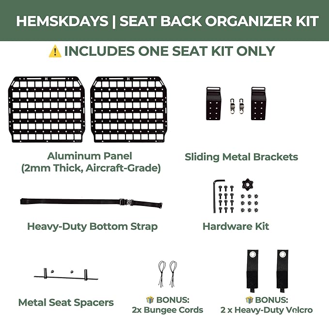 HEMSKDAYS Aluminum Rigid Molle Panel for Truck & SUV Seat Back (1 Seat Kit) – Upgraded Anti-Wobble Headrest Mount, Heavy Duty Tactical Gear Rack Compatible with F-150, Silverado, Ram, Tacoma & 4Runner