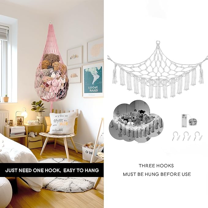 Amdermi Stuffed Animal Hammock Corner Hanging Net for Stuff Animal Storage Macrame Plush Toy Holder-Perfect for Tiny Space Wa