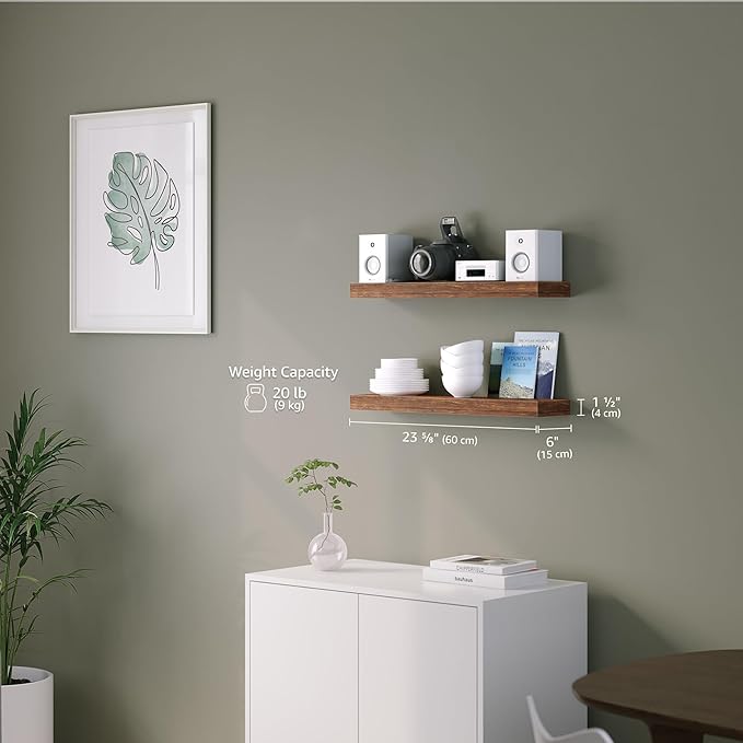 Ballucci Floating Shelves, 24" Wood Wall Shelf Set of 2, with Invisible Brackets for Bathroom, Living Room, Bedroom, Kitchen,