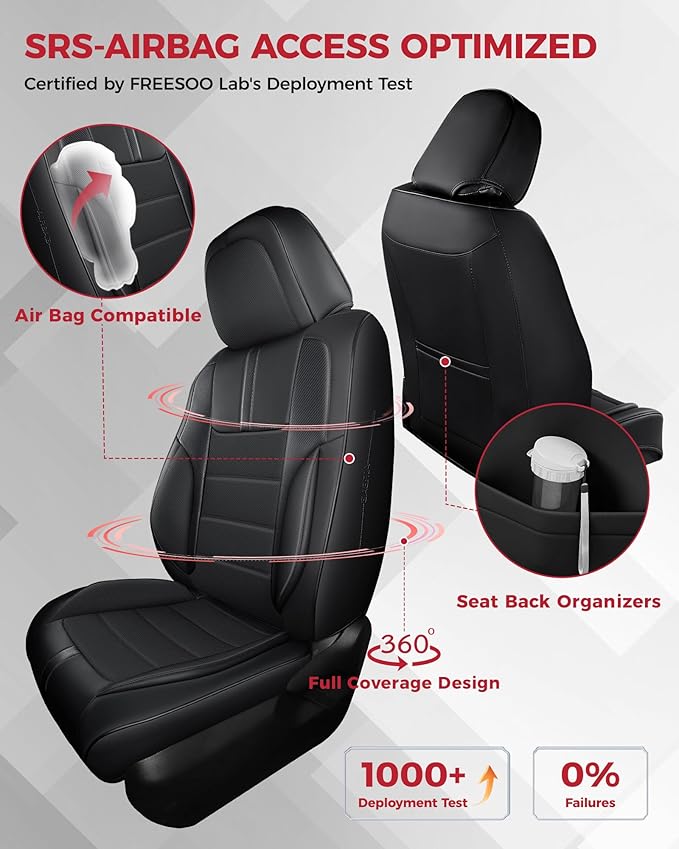 FREESOO Black Car Seat Covers Full Set - Faux Nappa Leather Seat Covers for Cars, with Front Seatbelt Pads, Waterproof Breath