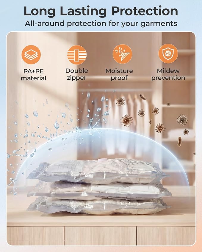 BAGSMART Vacuum Storage Bags with Portable Pump, Travel Space Saver Bags for Clothes, Heavy Duty Compression Bags for Storage