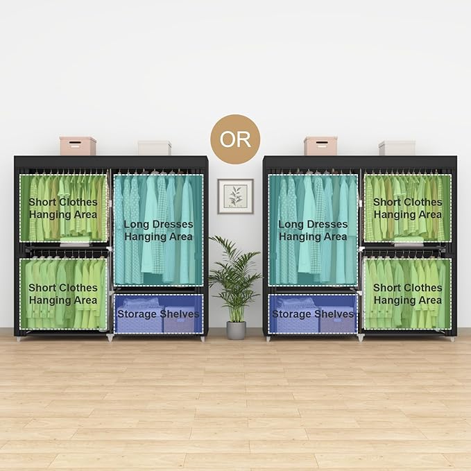 MOGELAFOO 62.5" Closet Wardrobe, Portable Closet for Bedroom, Freestanding Clothes Rack with Non-Woven Fabric Cover, 3 Hangin