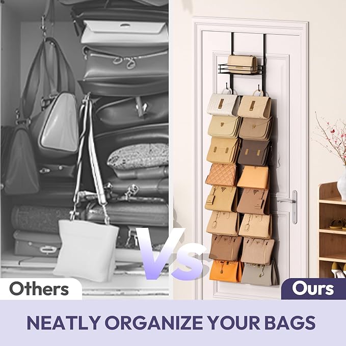 SWTYMIKI Over The Door Purse Organizer - Wall Mounted Handbag Organizer with 16 Hooks and Metal Basket, Hanging Purse Storage