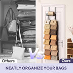 SWTYMIKI Over The Door Purse Organizer - Wall Mounted Handbag Organizer with 16 Hooks and Metal Basket, Hanging Purse Storage