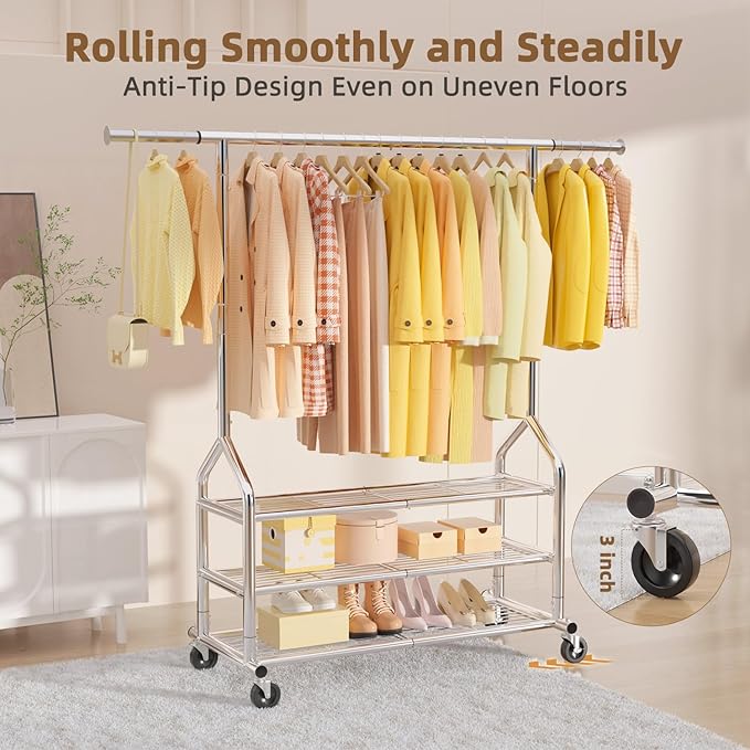 EAGMAK Heavy Duty Clothes Rack Load 688 LBS, Rolling Clothing Rack With 3 Shelves, Adjustable Metal Clothes Hanger with Wheel