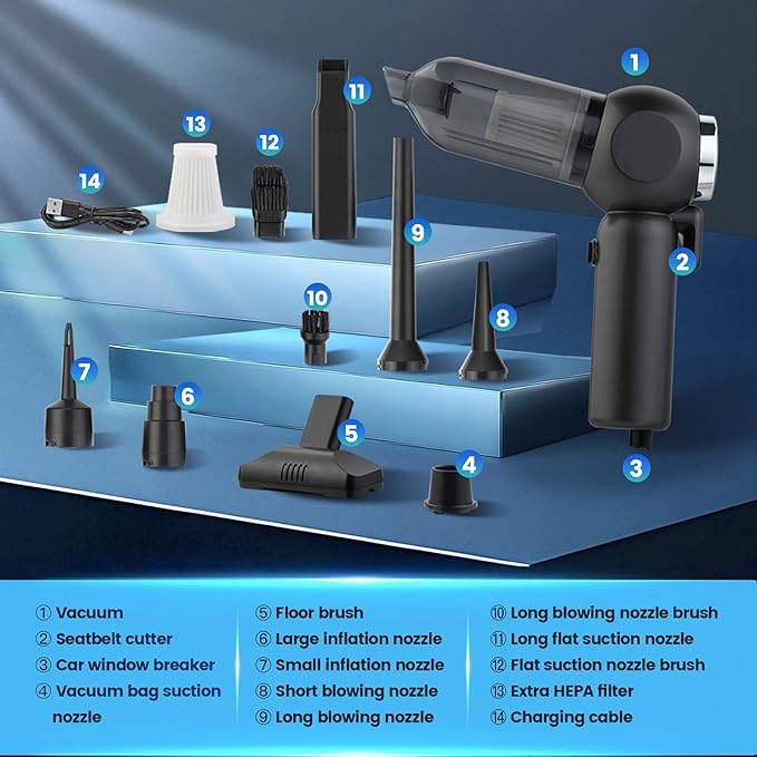 Handheld Car Vacuum Cleaner, 6 in 1 Multi-function Cordless Small Vacuum, 17000PA Adjustable Portable with Brushless Motor fo