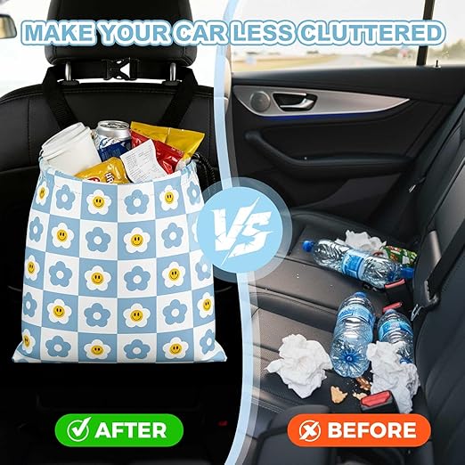Checkered Smiling Daisy Car Trash Bag - Waterproof Car Trash Bag Hanging Leakproof Car Garbage Bag - Washable Reusable Trash Bag For Car Interior Hanging Organizer Storage Vehicle Travelling Camping