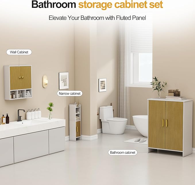 Bathroom Wall Cabinet,Wooden Medicine Cabinet with Fluted Doors Over The Toilet Storage Cabinet with Adjustable Shelf for Bat