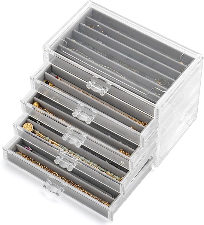 Necklace Organizer Box with 5 Drawers 30 Compartments, Dustproof Velvet Necklace Display Tray, Acrylic Necklaces Display Case