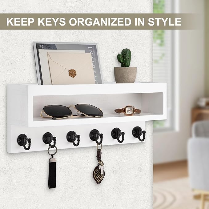 Key and Mail Holder Wall Mount, Key Hanger with Long Storage Box and 6 Hooks for Coat, Dog Leash, Home Decor Rack, House Acce