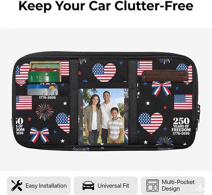 250th USA Anniversary Car Sun Visor Organizer Auto Visor Multi-Pocket Storage Pouch Holder Vehicle Visor Net Personal Belonging Pouch for Card Pen Phone