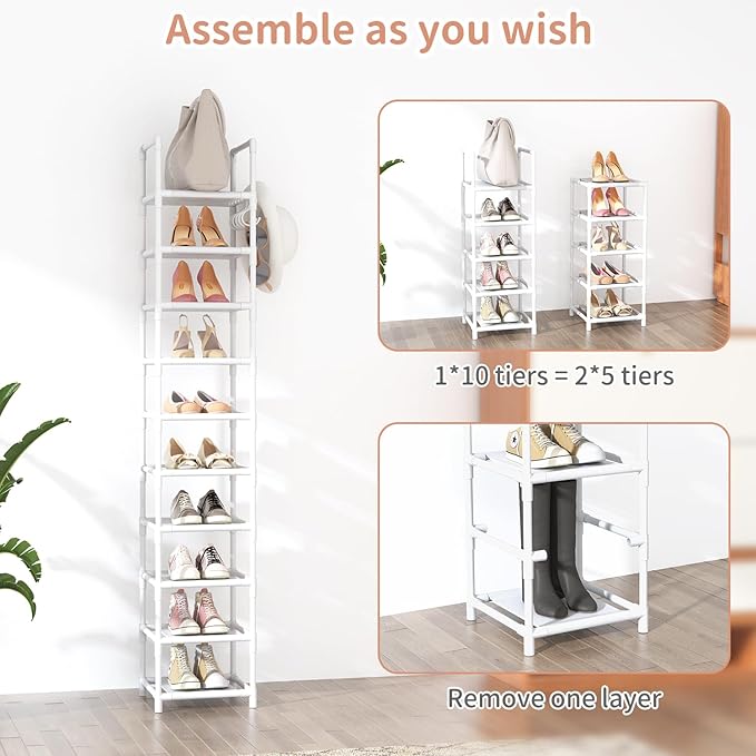 LANTEFUL Tall Narrow Shoe Rack 10-Tier Skinny Shoe Shelf Storage for 10-15 Pairs Shoes and Boots, Space Saving Corner Shoe Ra
