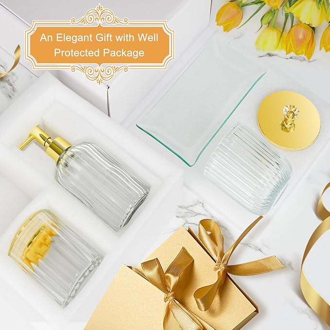 Gold Bathroom Accessories 4Pcs of Glass Bathroom Counter Organizer Set,Toothbrush Holders, Soap Dispenser, Apothecary Jar, Va