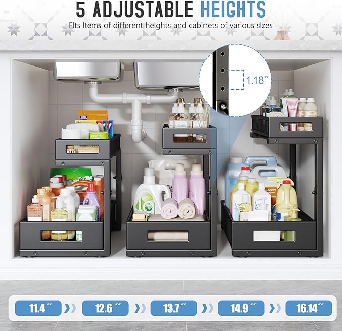2 Pack 17IN Depth Under Sink Storage Organizer, Large 2-Tier Elegant Mesh Pull Out Shelf for Kitchen and Bathroom Cabinet Org