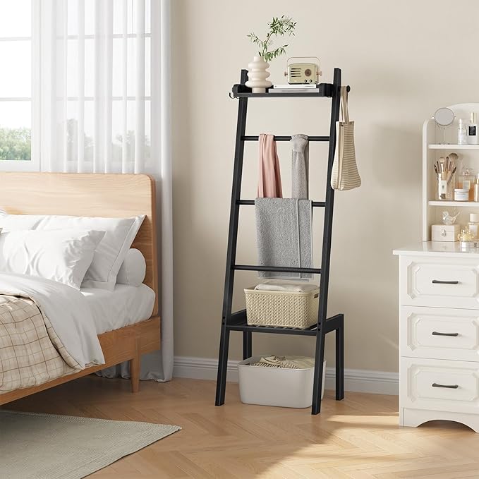 HOOBRO Blanket Ladder, 5 Tier Bamboo Ladder Shelf, Blanket Ladders for Living Room and Bedroom, Farmhouse Blanket Holder Rack
