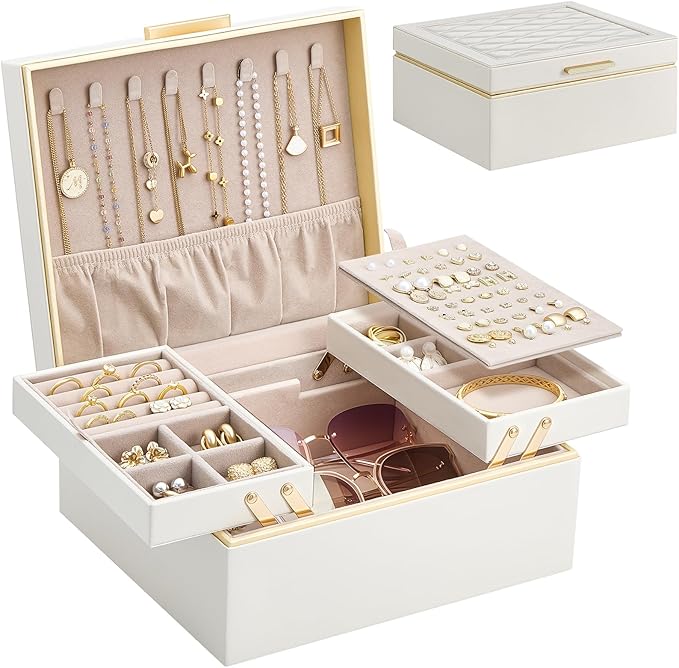 Lolalet Jewelry Box Organizer for Women Girls, 2 Layer Jewelry Organizers and Storage for Necklace Earrings Rings Bracelets, 
