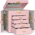 TORIBIO Jewelry Box for Women, Leather Jewelry Organizer with Mirror & Lock, 5-Tier Jewelry Storage Organizer with 4 Drawers 