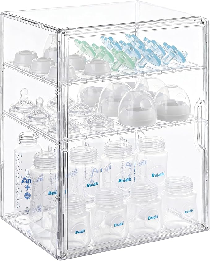 ERTIUANIO Baby Bottle Organizer – 3 Tier Bottle Storage Organizer Baby for Bottles, Nipples, Pump Parts, Food Jars – Clear Nu