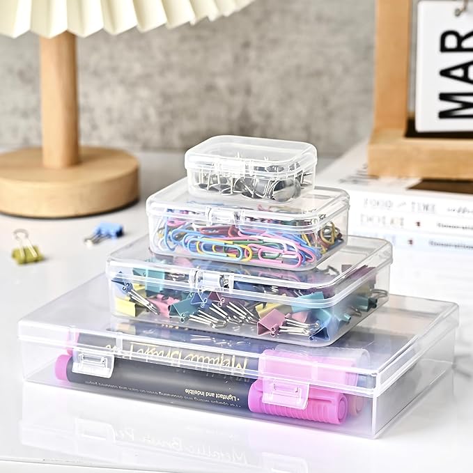 24 Pack Mixed Sizes Rectangular Mini Plastic Containers Clear Plastic Storage Boxes with Hinged Lids and Labels Empty Beads O