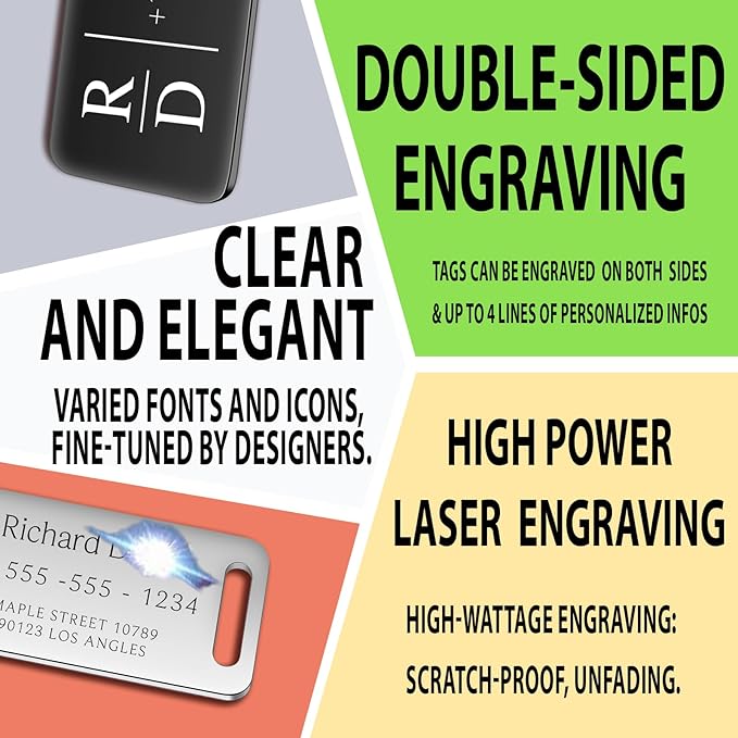 Personalized Luggage Tags for Suitcases 4 Pack - Stainless Steel Custom Luggage Tags for Backpacks & Bags, Sturdy, Waterproof