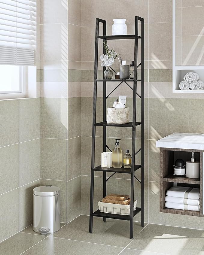 Hzuaneri Ladder Shelf, Bookshelf Bookcase, Freestanding Corner Storage Shelve with 2 Hooks for Home Office, Living Room, Kitc