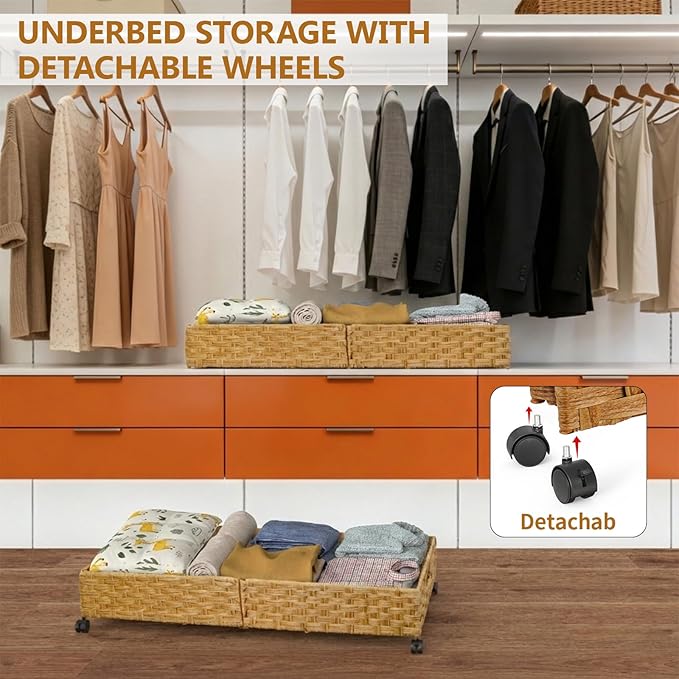 Under Bed Storage Containers with Wheels, 31.5” Large Handwoven Rattan Rolling UnderBed Storage Bins, Tool-free Assembly Natu