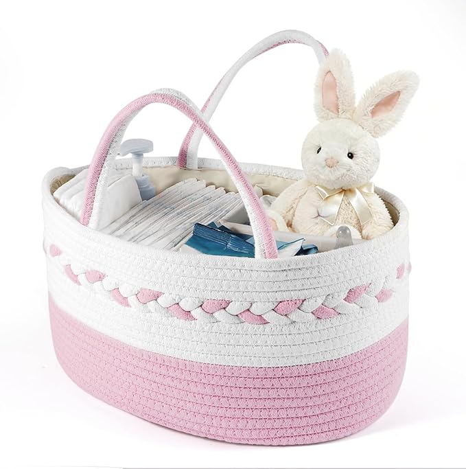 Diaper caddy Organizer, Cotton Rope Gift Basket with Removable Divider, Nursery Storage Organizer for Baby Essentials, Changi