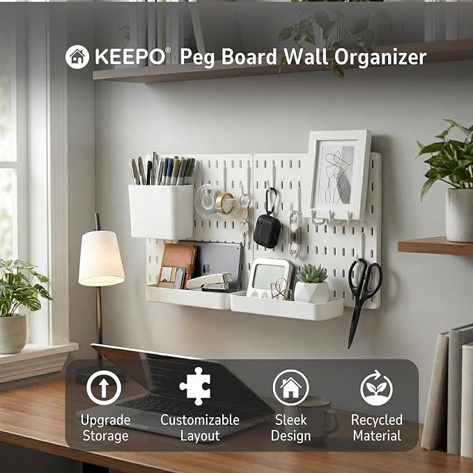 Keepo Peg Board Wall Organizer – Plastic Pegboard Panels, Modular Peg Board Storage System for Home Office, Craft Room, Gamin
