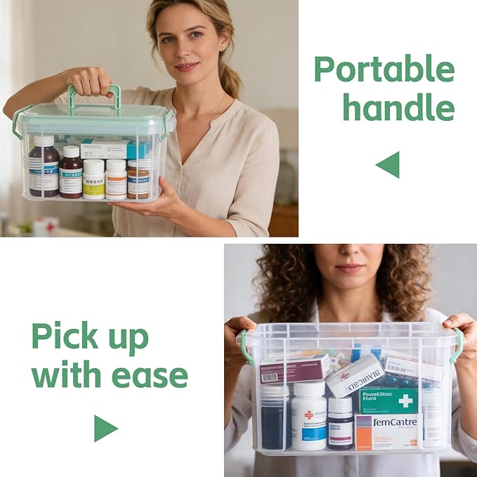 2 Pack Clear Medicine Organizer Box with Handle Thickened Plastic Medicine Cabinet with Tray First Aid Box Empty Multipurpose